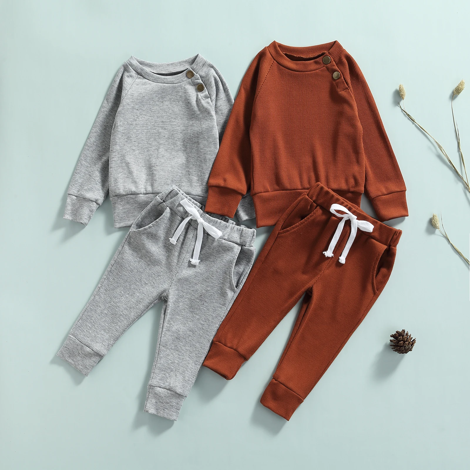 

Clothes Set for baby Boys Girl Newborn Two-piece Spring Tracksuit Solid Color O-Neck Long Sleeves Pullover Shirt Casual Pants