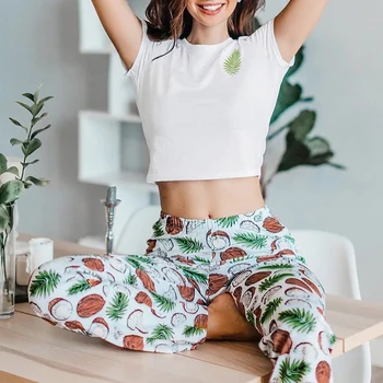 

Summer Pyjamas Set Women Sleepwear Comfortable Cotton Pajamas Printing Short Sleeve Tops with Long Trousers Suit Ladies Pj Set