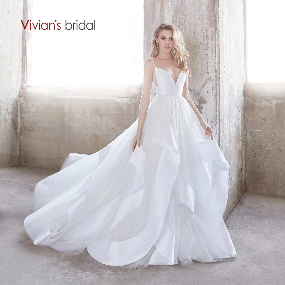 

Vivian's Bridal Satin Edge Ruffle Romantic Wedding Dress Sexy Spaghetti Strap Bodice With Deep Sweetheart Neckline Bridal Dress