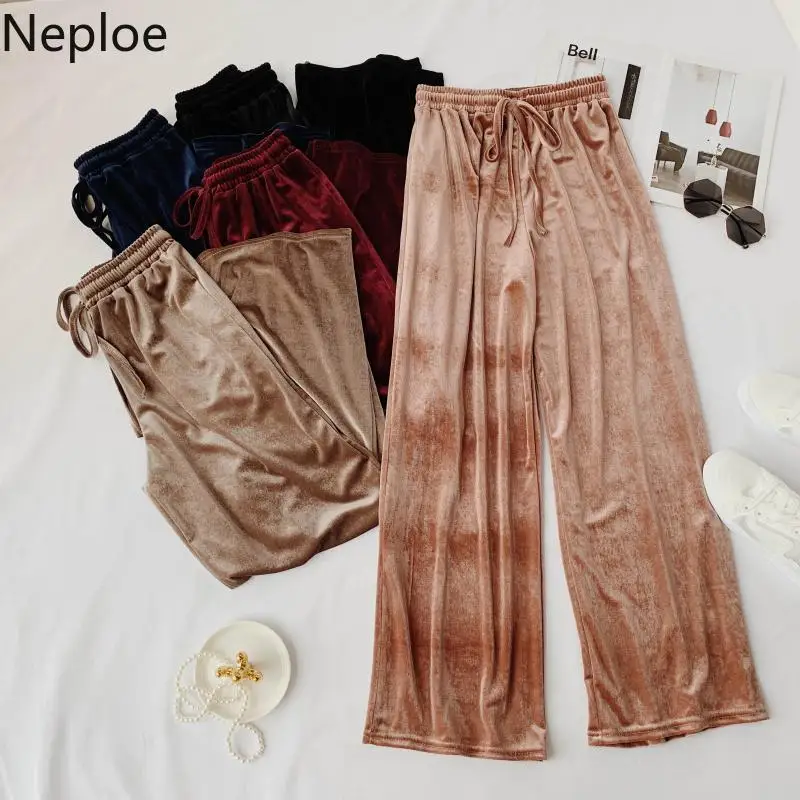 

Neploe New Fashion Drawstring High Waist Women Trousers Autumn Winter Velour Wide Leg Pants Elastic Female Loose Long Pant 54046