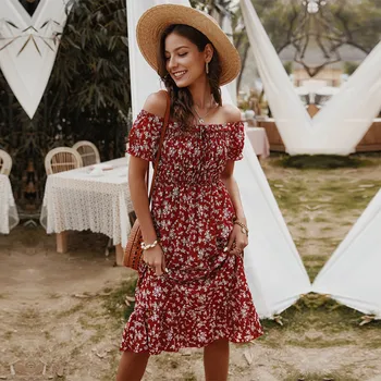 

Summer Bohemian Off The Shoulder Dress Women Cotton Slash Neck Print Short Sleeve Dress 2020 New