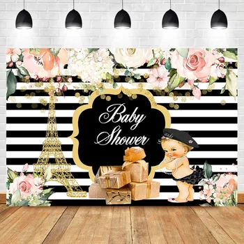 

NeoBack Royal Girl Baby Shower Photo Background Flower Gold Eiffel Tower Black White Stripes Photography Backdrops