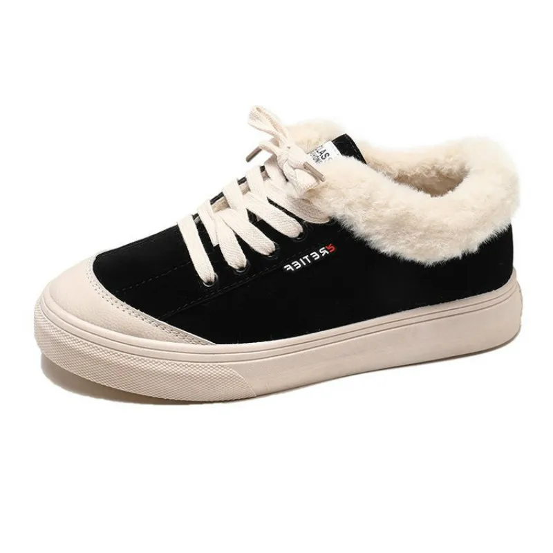 

SWONOC Fur Sneakers Shoes Women Canvas Shoes Winter 2019 New Student Black Sneakers Vulcanize Casual Shoes For Women Sneaker