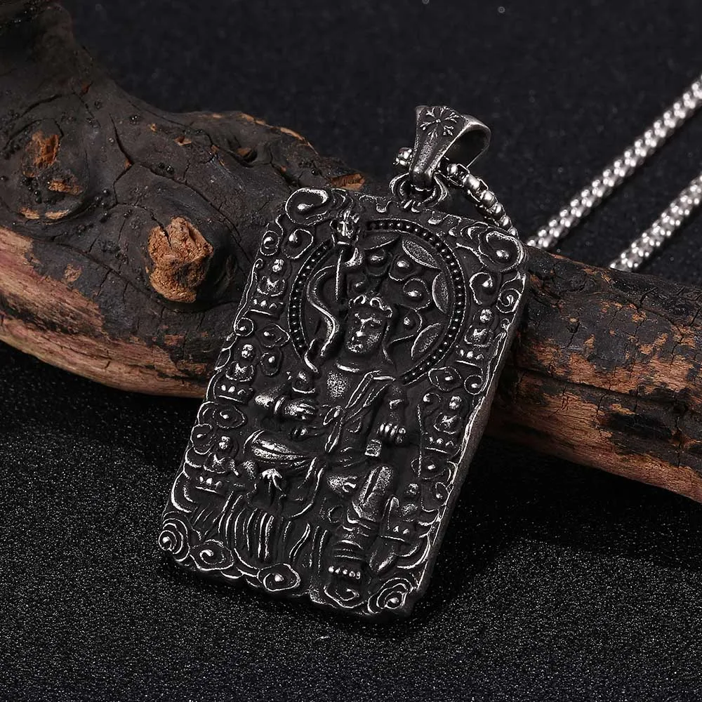 Punk Engraving Chinese Buddha Image Square Pearl Necklace Stainless Steel Pendant Women/Men Accessories | Украшения и аксессуары