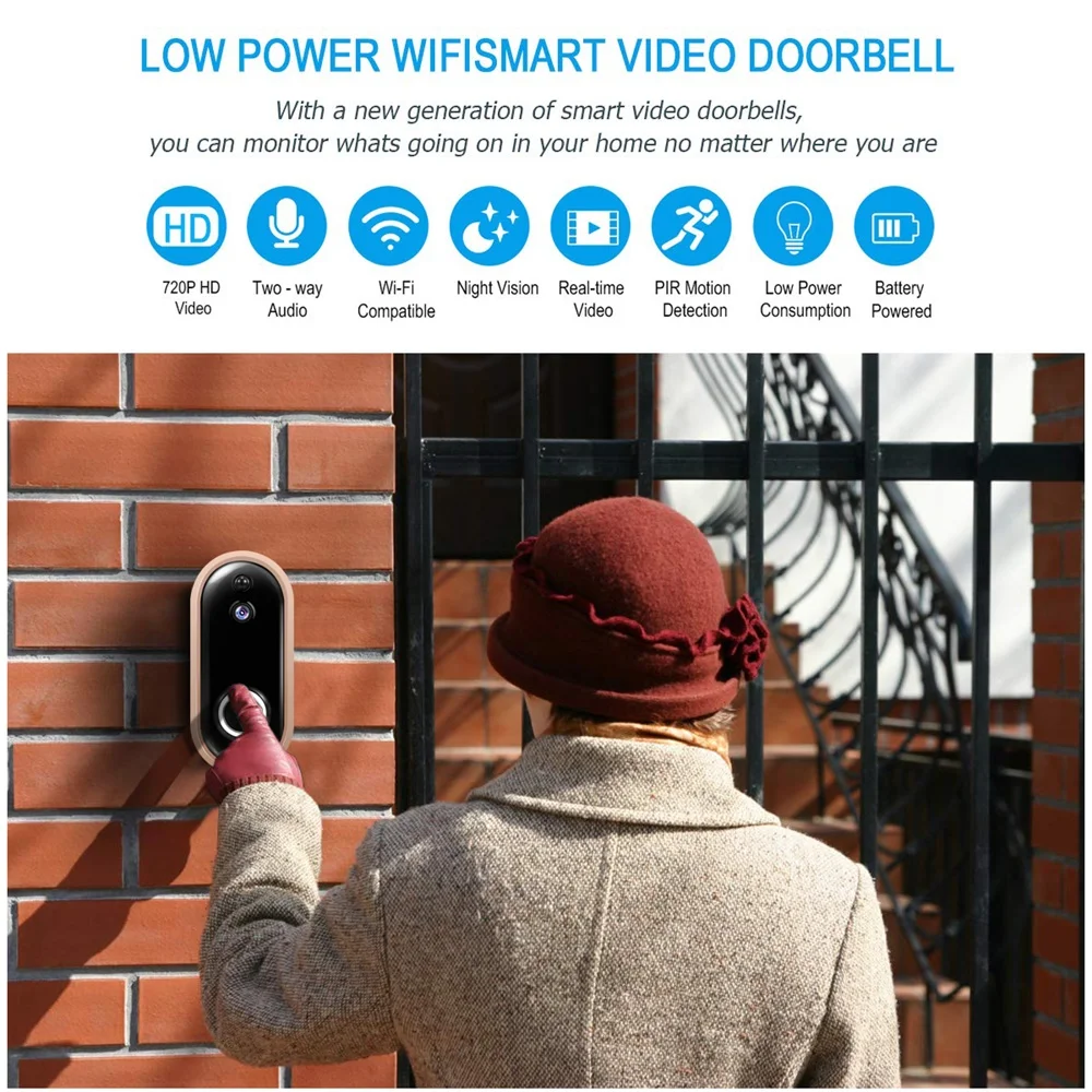 WiFi дверной звонок 1080P камера безопасности с двухсторонним аудио PIR детектор движения ИК ночного видения беспроводной дверной звонок умный дом