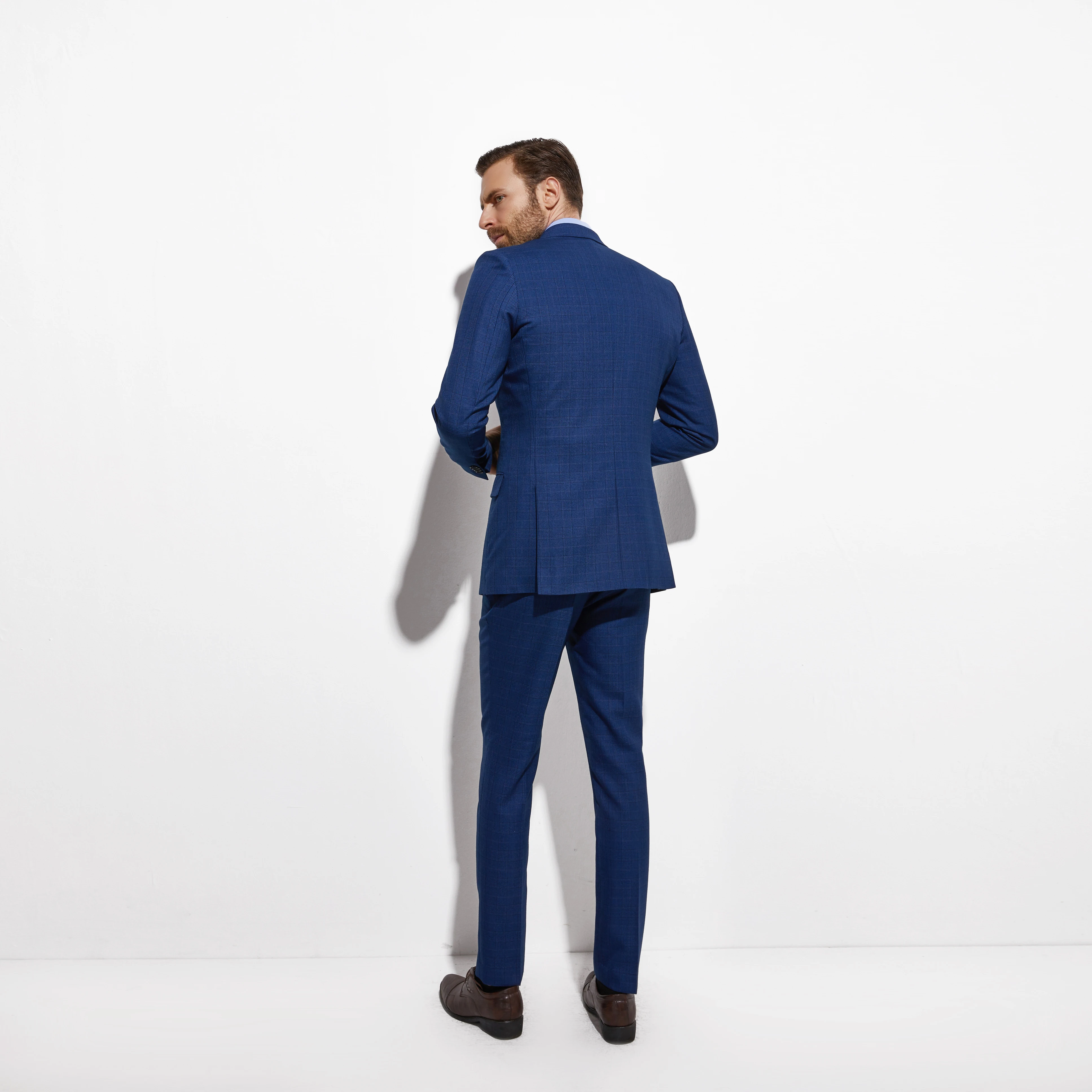 Men Suits Tailored Dark Blue Plaid Tailor-Made Suits For Men Smart Custom Made Men Suit Set Slim Fit Glen Plaid Pant Suits Men