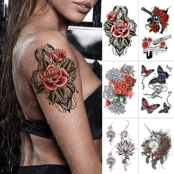 

Waterproof Temporary Tattoo Sticker Red Flower Lace Rose Gun Butterfly Flash Tattoos Unicorn Lotus Body Art Arm Fake Tatoo Women