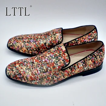 

LTTL Fashion Woven Pattern Fabric Surface Loafers Men Stylish Mixed-color Plaid Casual Shoes Mocasines Mens Smoking Shoes