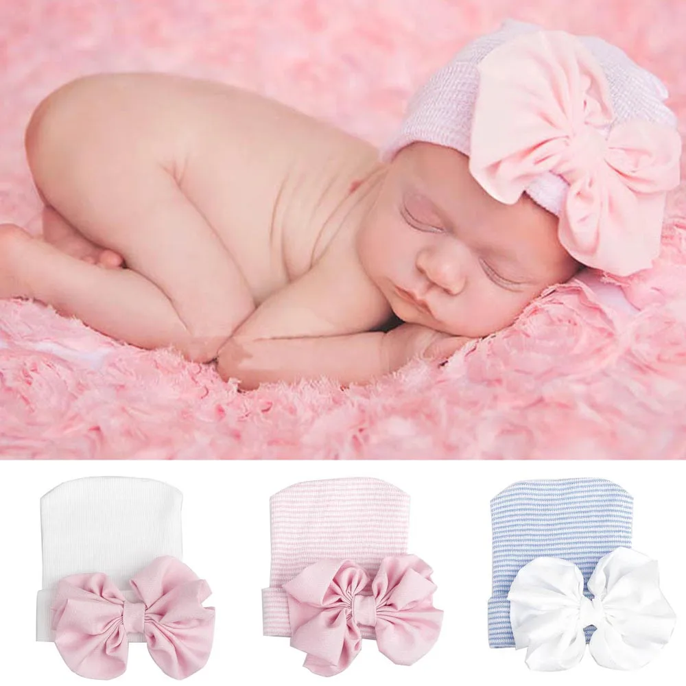 Knitted hat with big bow for infants Newborn Soft Girls Caps newborn photography props baby accessories for 0-3M