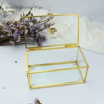 

Direct sales new light luxury modern transparent glass flower room polygon copper clamshell copper edge jewelry storage box