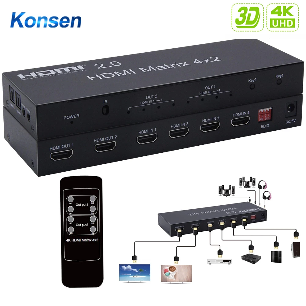 Precio reducido Matriz HDMI de matriz 4K 4x2 HDMI 4x2 con audio HDMI 2x2, conmutador de Matriz HDMI de matriz 4 en 2, divisor 4K 60HZ HDCP 2,2 0LdJlqklRVg