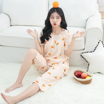 

Spring and Autumn Bourette Pajamas Women's Summer Thin Section Long Sleeve Cotton Silk Artificial Cotton Pajamas Short Sleeve WO