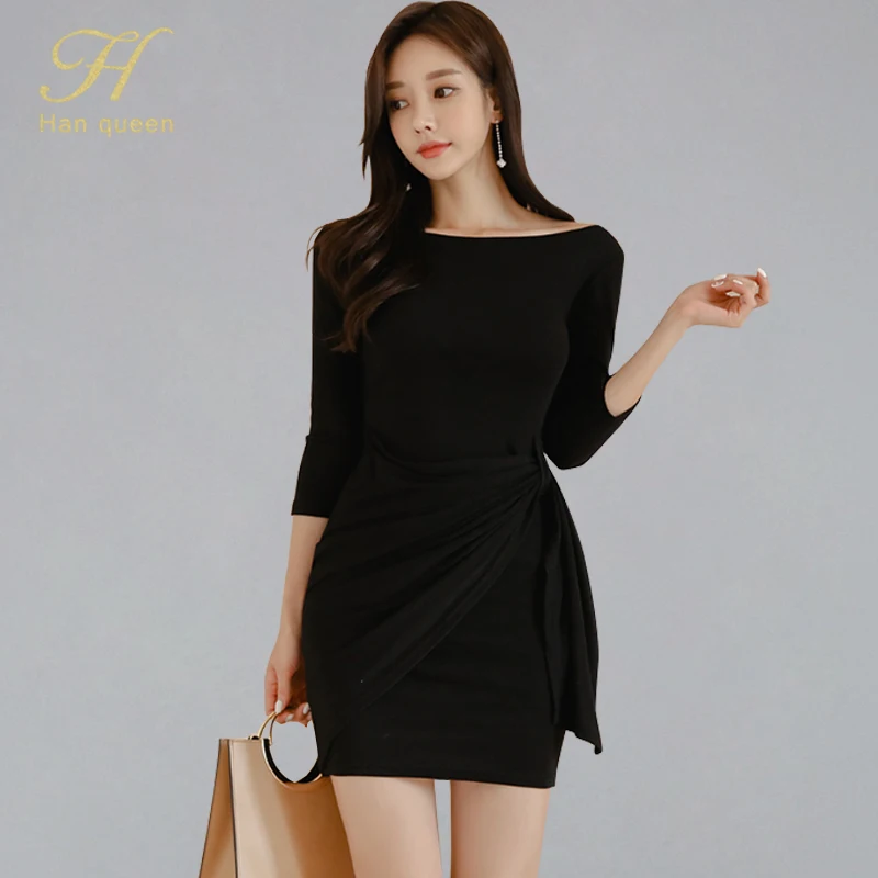 

H Han Queen Solid Color Black O-neck Sheath Dresses Women 2019 Autumn Wrist Pencil Bodycon Dresses Work Wear Bottoming Vestidos