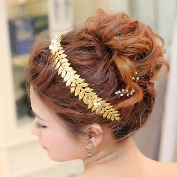 

Le Liin Golden Leaf Hair Decoration Fashion Bride Headdress Leaves Pearl Headband Wedding Hair Accessories