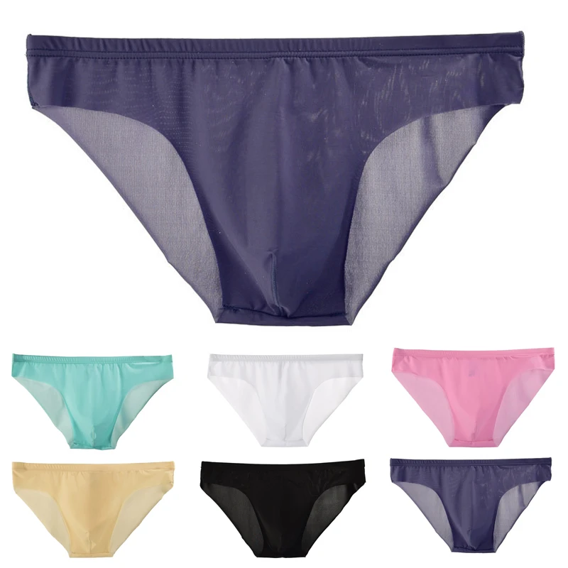 Men's Sexy See-through Silk Briefs Mesh Sheer Pouch Stretchy Seamless Panties Thongs Underwear Solid Color Underwear