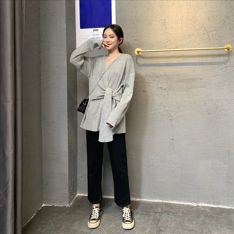 Woherb, весенний вязаный бандажный свитер с v-образным вырезом, женский элегантный джемпер с перекрещивающимися краями, Женский Повседневный джемпер