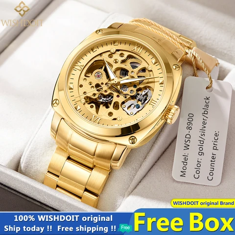 WISHDOIT التلقائي ساعة ميكانيكية للرجال الفولاذ المقاوم للصدأ ساعة مقاومة للماء الذهب 2021New موضة الأعمال الجوف ساعة اليد العلامة التجارية الأعلى
