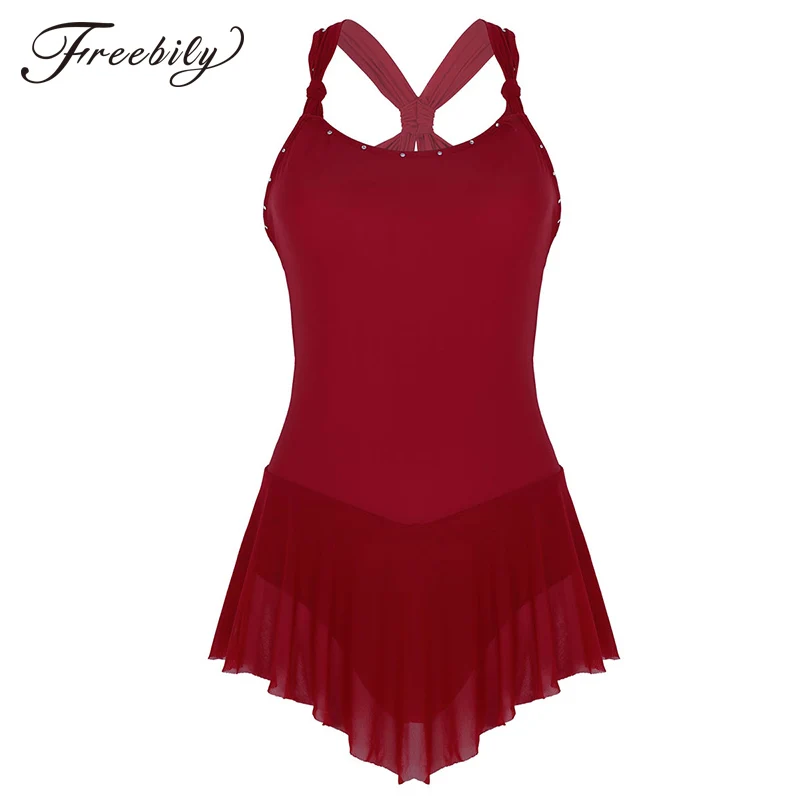 

Adult Sleeveless Criss-cross Back Shiny Rhinestones Dance Wear Gymnastics Leotards Women Ballet Dress Figure Skating Costume