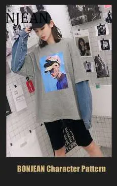 BONJEAN Horse Pattern Gray T Shirt Lace Patchwork Shirt with Sequin Summer Tops and Tees Flare Sleeve Long Shirt BJ1048