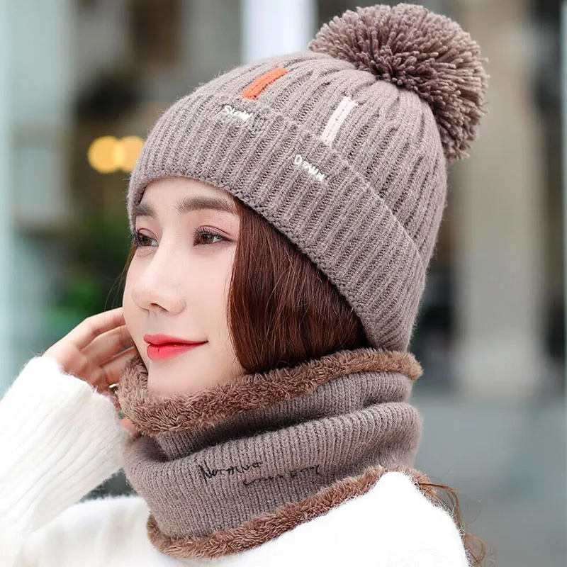 Knitted Hat With Scarf Collars SUOGRY Sets For Women Winter Ladies Hat& Scarf With Pompom Thick Two Piece Keep Snow Warm Set