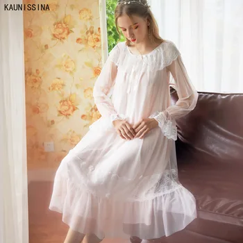 

Cotton Lace Palace Princess Nightgown Sleepwear Long Sleeve Nightdress Women Chemise Long Pink Sleep Dress Sleepshirt Homewear