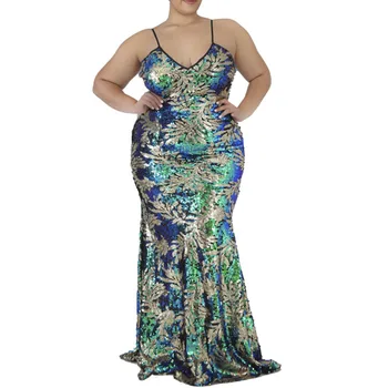

Sexy Sequins Party Dress Women Deep V-Neck Strap Plus Size Floor-Length Mermaid Long Dresses Dinner Robe Green XL-5XL Club Wear