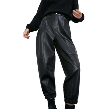 

Women Black Faux Leather Hip Hop Pants 2019 Winter Ladies Fashion High Waist PU Leather Baggy Casual Trousers Elegant Cargo Pant