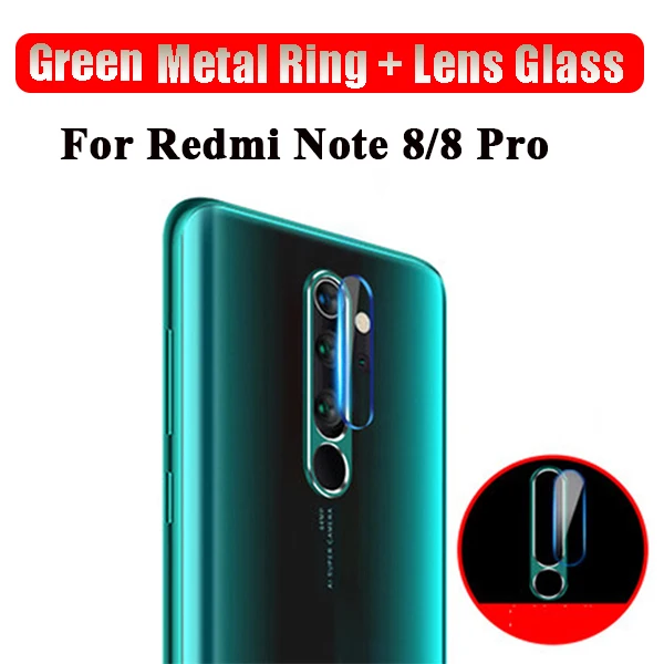 Защитное кольцо из закаленного стекла и металла для Redmi Note 8 8 Pro, Защитная пленка для объектива камеры Xiaomi 9T K20, заднее стекло - Цвет: Green Ring Galss