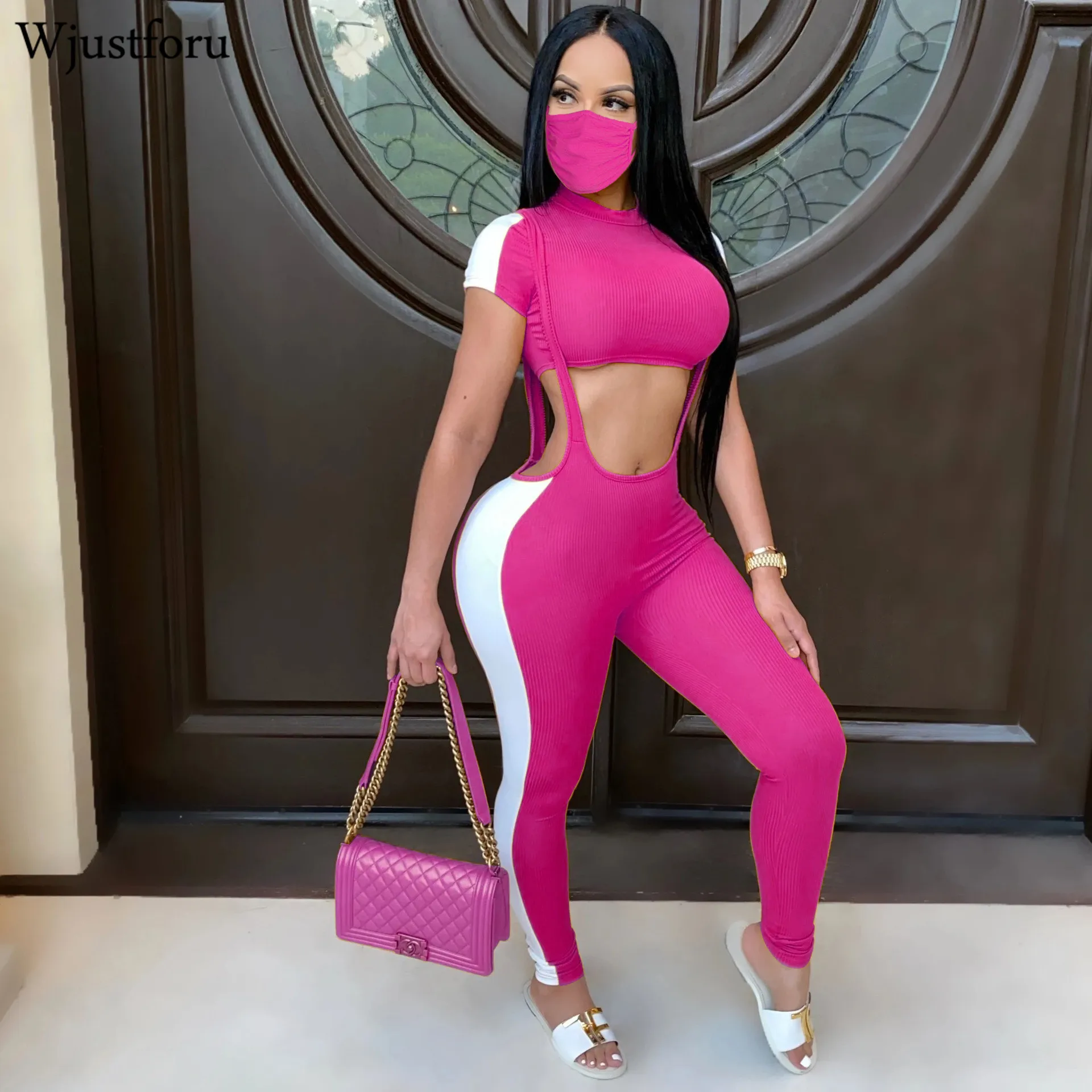 Wjustforu 7 Color Sport Patchwork Two Piece Set Women Crop Tops + Overalls Leggings Casual Skinny Sexy Tracksuit Clothes |