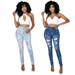 Rstylish vendas quentes de verão para mulheres, calça estilo casual moda urbana, cintura alta, lavada, rasgada, skinny, jeans lápis, 2021