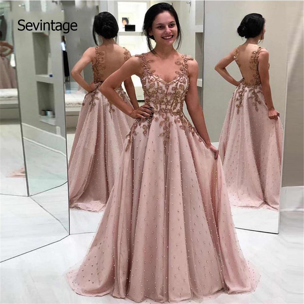 

Sevintage Dark Pink Spaghetti Straps Peals Evening Dress Appliques Special Occasion Prom Gown vestido para formatura