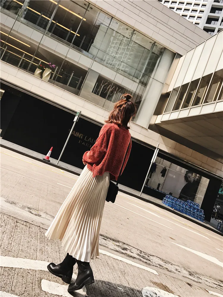 Ulzzang qiu dong han edition, Длинные атласные юбки цвета металлик, плиссированные юбки