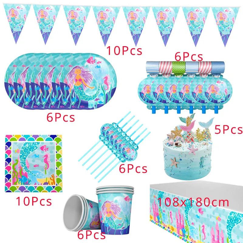 JOY-ENLIFE 1st Happy Birthday Party Set Mermaids Party Tableware Paper Cups Plate Latex Balloons Baby Shower Party Decorations