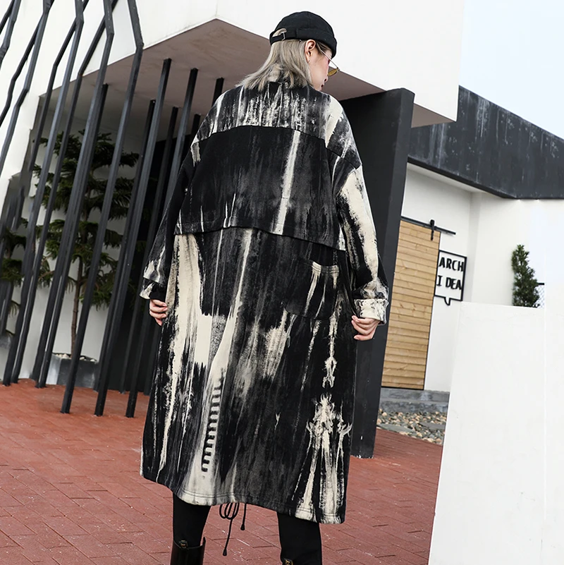 incredible  [EAM] Loose Fit Pattern Printed Big Size Jacket New Stand Collar Long Sleeve Women Coat Fashion Tid