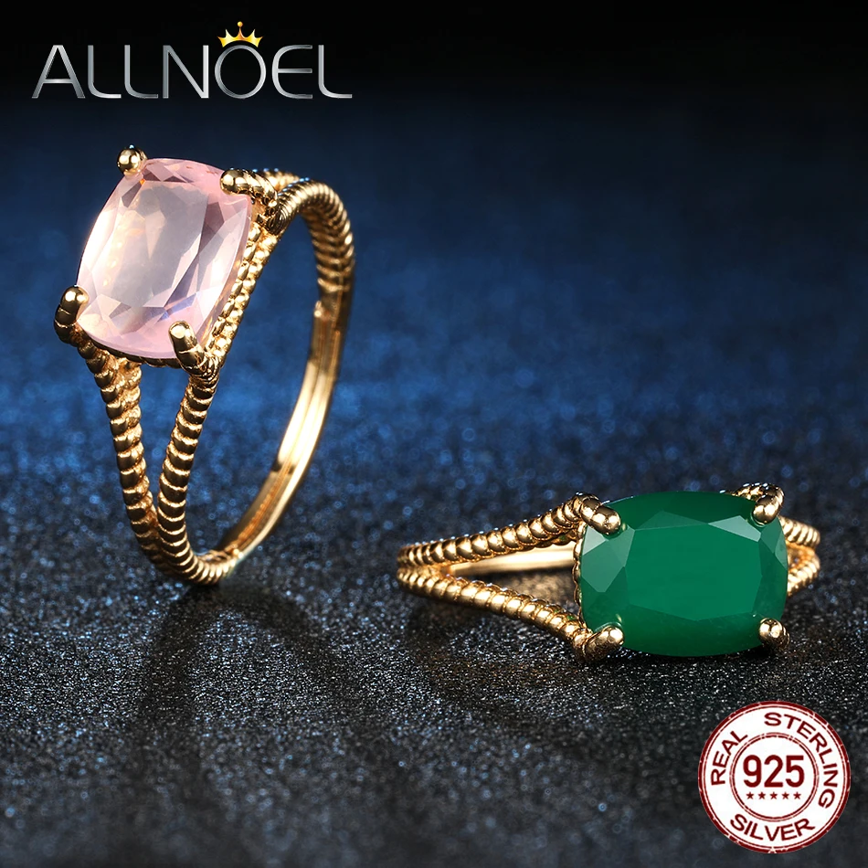 ALLNOEL, серебро 925 пробы, ювелирное изделие, натуральный розовый кварц, зеленый агат, настоящая позолота, свадебные классические кольца