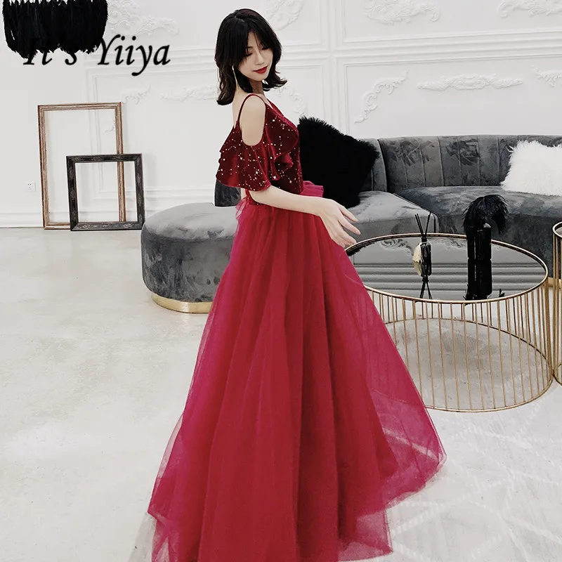 Это Yiiya Вечернее Платье бордовое с принтом звезды велюровое вечернее платье с оборками вырез лодочкой вечерние платья robe de soiree LF124
