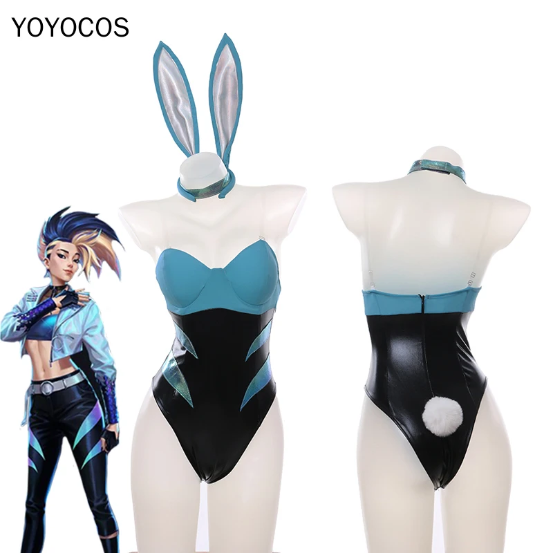 YOYOCOS Akali Cosplay Costume LOL KDA Bunny Girl Sexy Halloween Costumes Cute Rabbit Ears Jumpsuit Cool Sweet New Set | Тематическая