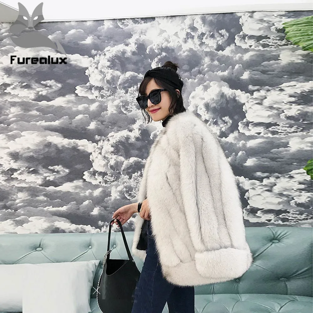 Furealux Новинка натуральное меховое пальто Женская куртка из лисьего меха Роскошная теплая Модная шуба из натурального Лисьего меха женская зимняя свободная стильная
