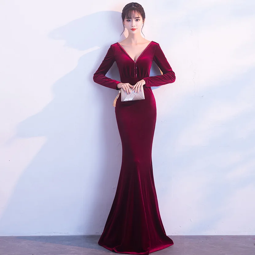 Модное красное вино Cheongsam современный Qipao бархатные Длинные вечерние платья в китайском стиле женские платья в восточном стиле китайский халат костюм - Цвет: claret-red