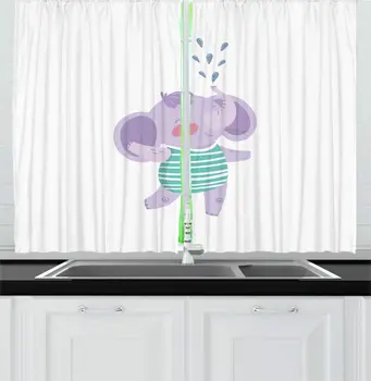 

Seafoam Mauve Elephant Kitchen Curtains Funny Elephant Squirt Water with Trunk with Striped Swimwear for Kitchen Cafe Decor