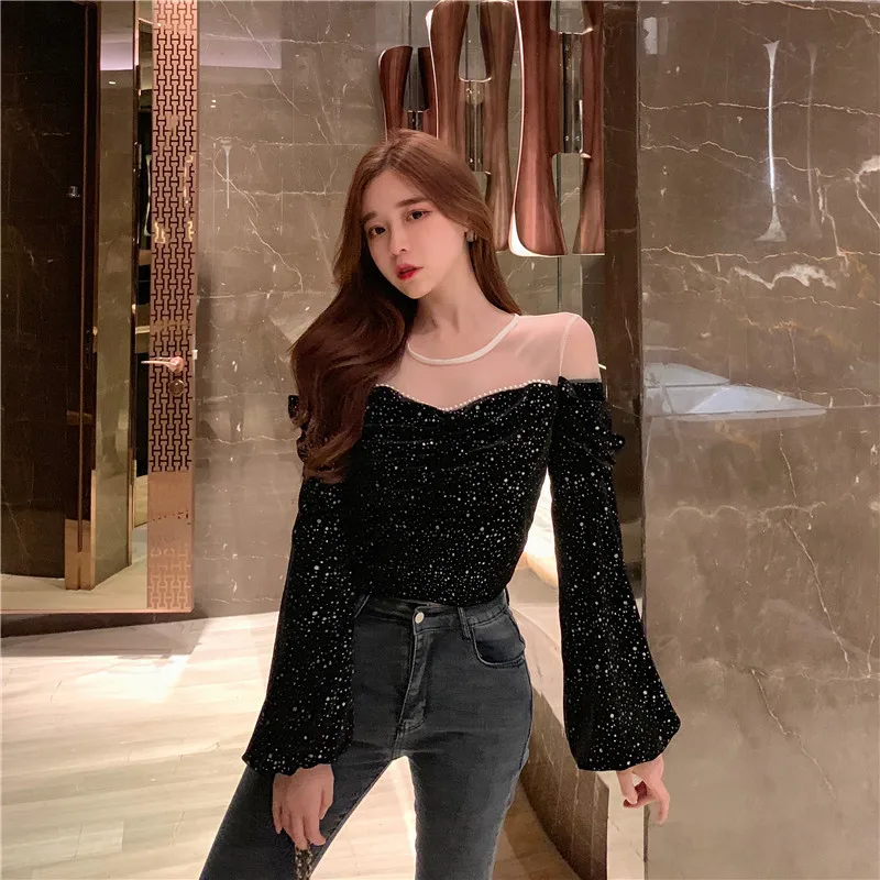 Женские сексуальные прозрачные Лоскутные черные розовые рубашки весенние милые длинные облегающие блузки женские модные бархатные Блузы Топы
