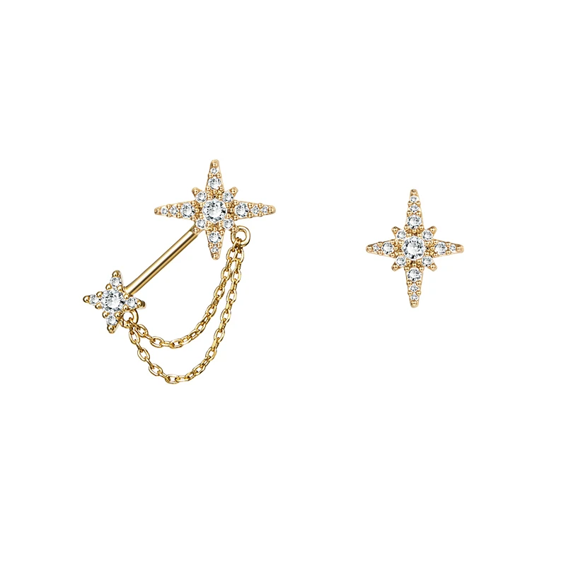 Peri'sBox Gold Zircon Asymmetrical Stud Earrings Dainty CZ Stone Starburst Earrings Chain Wrap Minimalist Earrings for Women