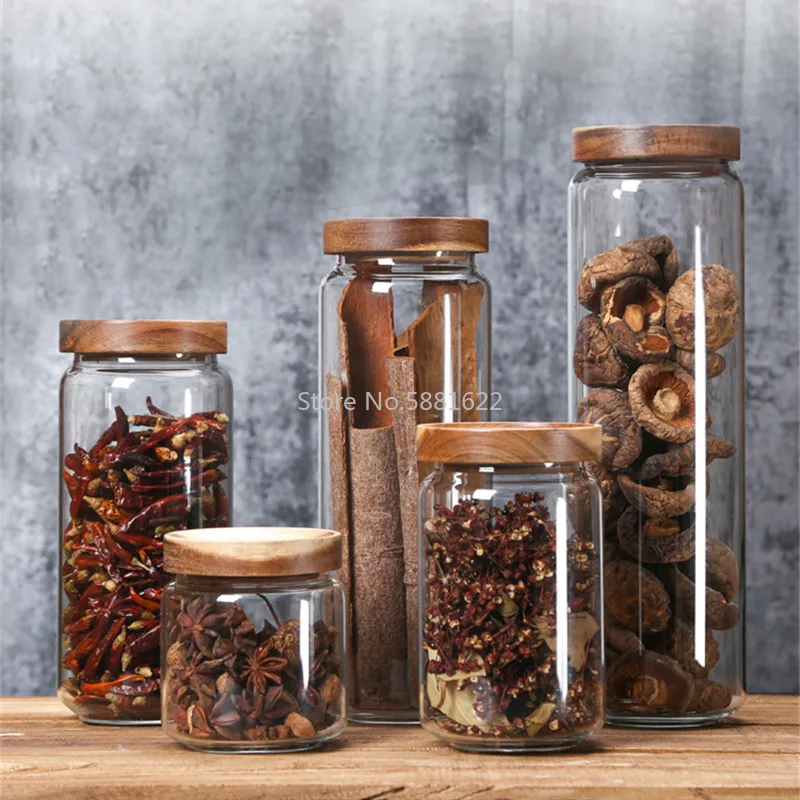 Пылезащитные герметичные стеклянные банки бутылки для хранения с бамбуковой