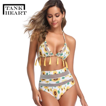 

Sexy Bikini Woman Summer 2 Piece Floral Print Tassel Trim Halter Triangle Bikinis Set Bathing Suit Women ff High waist Swimwear