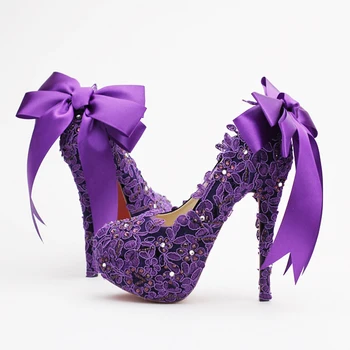 

Luxury Platform Crystal Formal Dress Shoes High Heel Fashion Fower Rhinestone Bridal Shoes Purple Lace Wedding Shoes Women Pumps