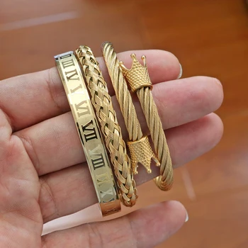 

3pcs/Sets Top Quality Luxury Royal Crown Bracelets & Bangles Unique Design Men Fashion Gold Color Stainless Steel Men' Jewelry