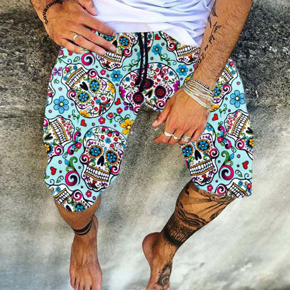 Tasa de descuento Pantalones cortos con estampado de calavera para hombre, Shorts de lino y algodón, informales, holgados con cordón, para playa, verano, 2021 y9VKMq15MDD