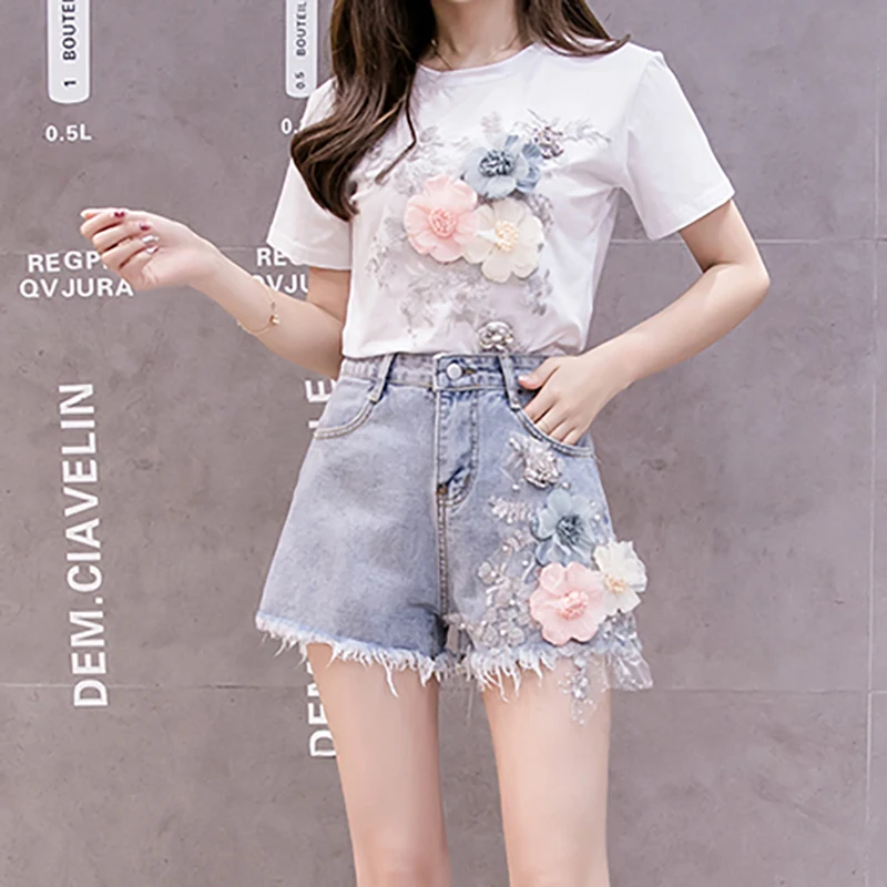 skirt and top co ord 2020 Summer Women 2 Piece Sets Embroidery 3D Flower T-shirt + Denim Shorts Sets Vintage Beading Shorts Sets matching workout sets