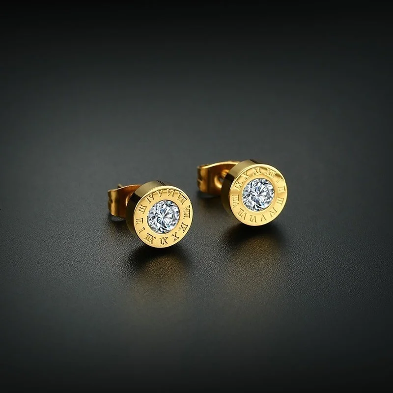 Vnox Elegant Roman Numerals Earrings for Women Gold and Rose Tone Stainless Steel CZ Stone Stud Bijoux | Украшения и аксессуары
