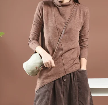 Coffee color Autumn Winter T-shirt Women Knitting Slim-type Irregular Pullovers Tops Turtleneck Spliced New Ladies Casual All-match Tops - Цвет: Coffee color